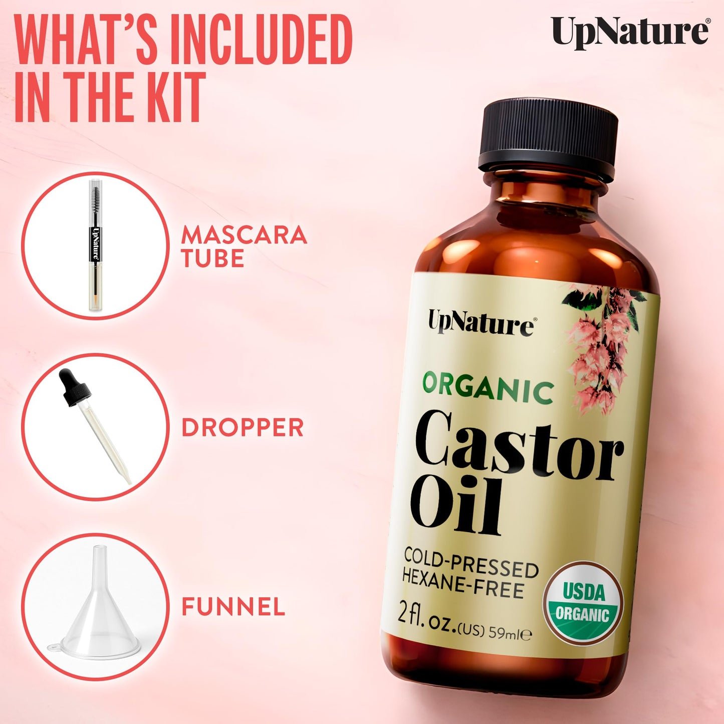 UpNature Lash Serum for Eyelash Growth - 100% USDA Organic Castor Oil for Eyelashes and Eyebrows Hexane Free (2oz Glass Bottle)