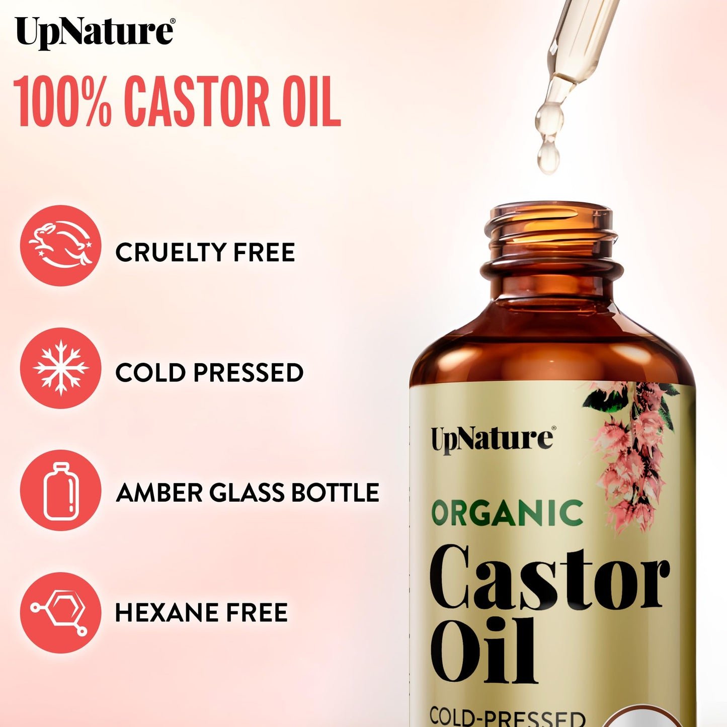 UpNature Lash Serum for Eyelash Growth - 100% USDA Organic Castor Oil for Eyelashes and Eyebrows Hexane Free (2oz Glass Bottle)